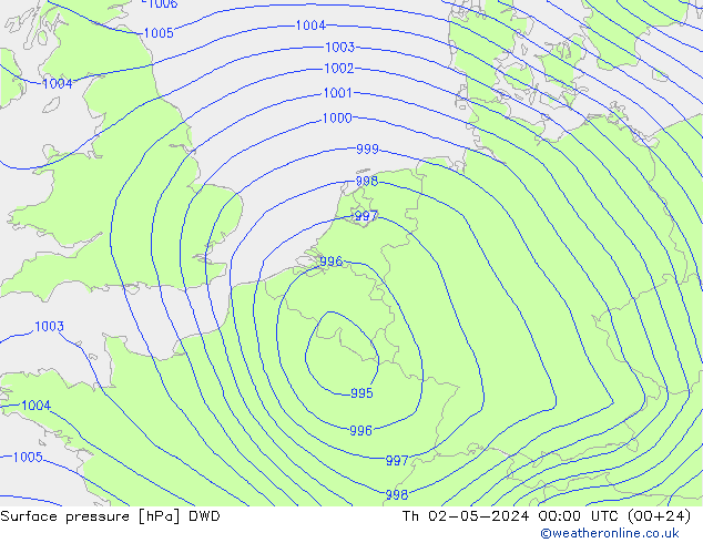 地面气压 DWD 星期四 02.05.2024 00 UTC