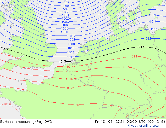 Surface pressure DWD Fr 10.05.2024 00 UTC