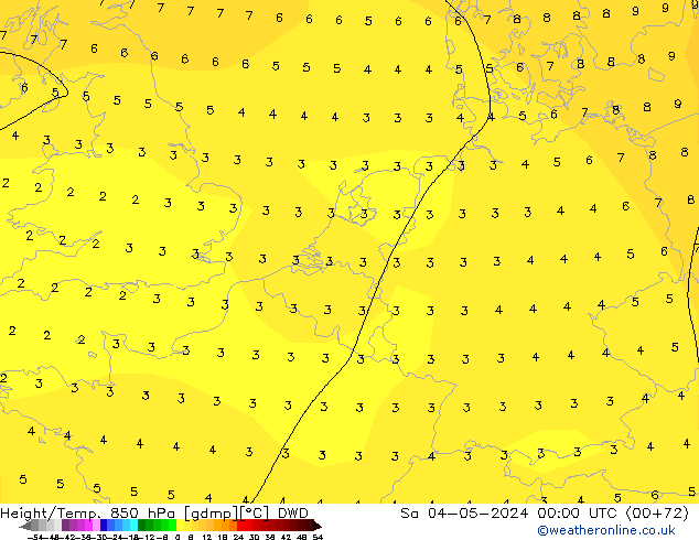 Geop./Temp. 850 hPa DWD sáb 04.05.2024 00 UTC