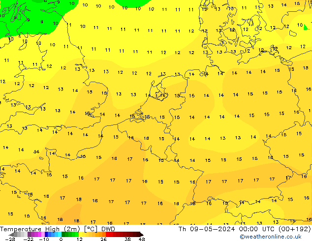 Max. Temperatura (2m) DWD czw. 09.05.2024 00 UTC