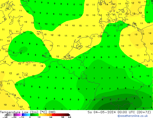 Nejnižší teplota (2m) DWD So 04.05.2024 00 UTC