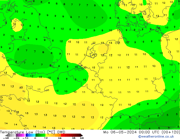 Temperatura mín. (2m) DWD lun 06.05.2024 00 UTC