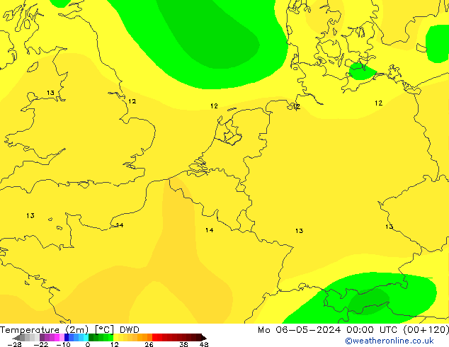 Temperatuurkaart (2m) DWD ma 06.05.2024 00 UTC