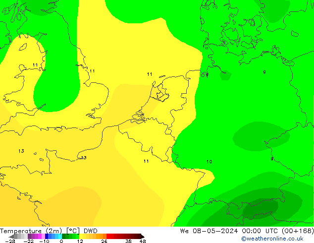 Temperatura (2m) DWD mié 08.05.2024 00 UTC