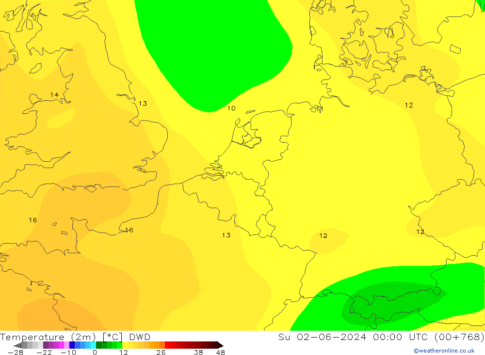 Temperatuurkaart (2m) DWD zo 02.06.2024 00 UTC