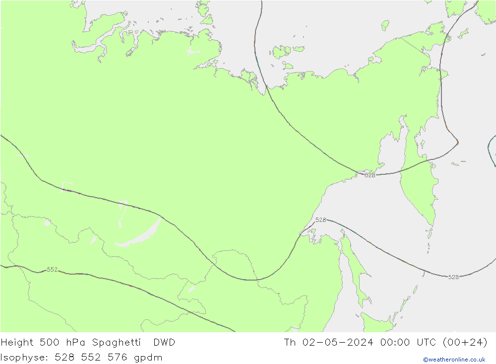 Height 500 hPa Spaghetti DWD Čt 02.05.2024 00 UTC