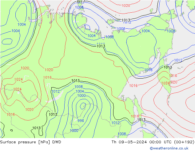 Presión superficial DWD jue 09.05.2024 00 UTC