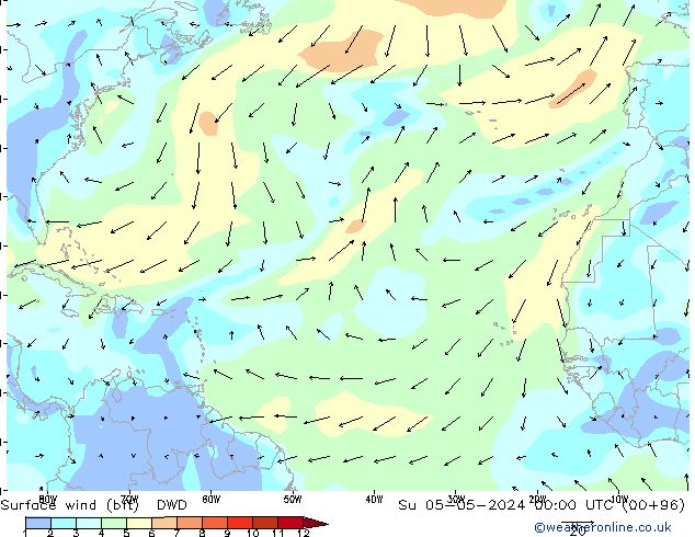 Surface wind (bft) DWD Ne 05.05.2024 00 UTC