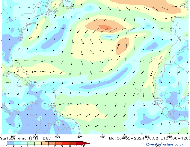 Surface wind (bft) DWD Mo 06.05.2024 00 UTC
