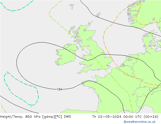 Hoogte/Temp. 850 hPa DWD do 02.05.2024 00 UTC