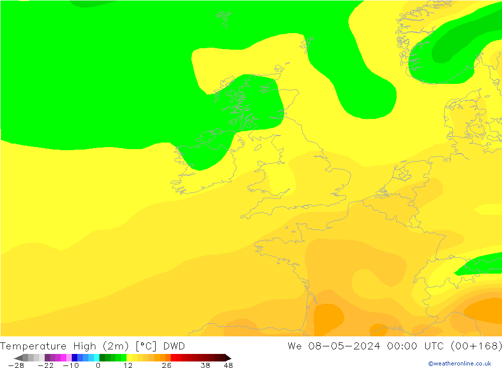 Max.temperatuur (2m) DWD wo 08.05.2024 00 UTC