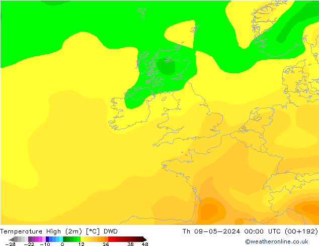 Nejvyšší teplota (2m) DWD Čt 09.05.2024 00 UTC
