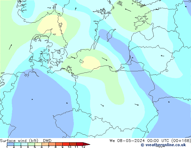 Surface wind (bft) DWD We 08.05.2024 00 UTC