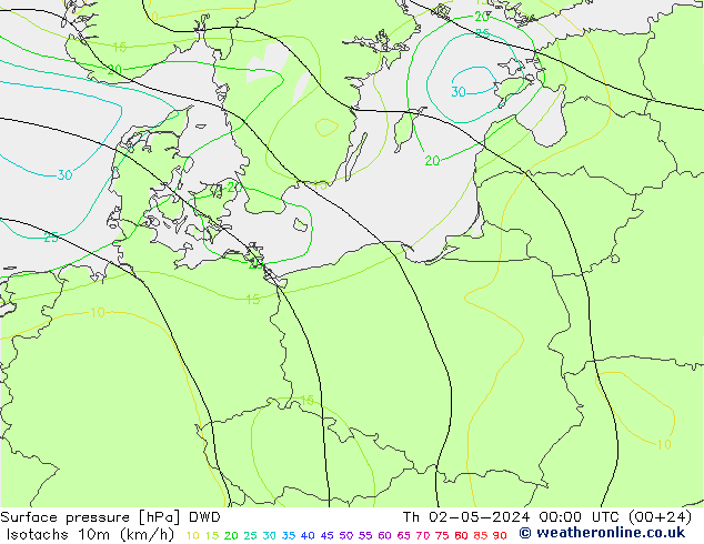 Isotachen (km/h) DWD do 02.05.2024 00 UTC