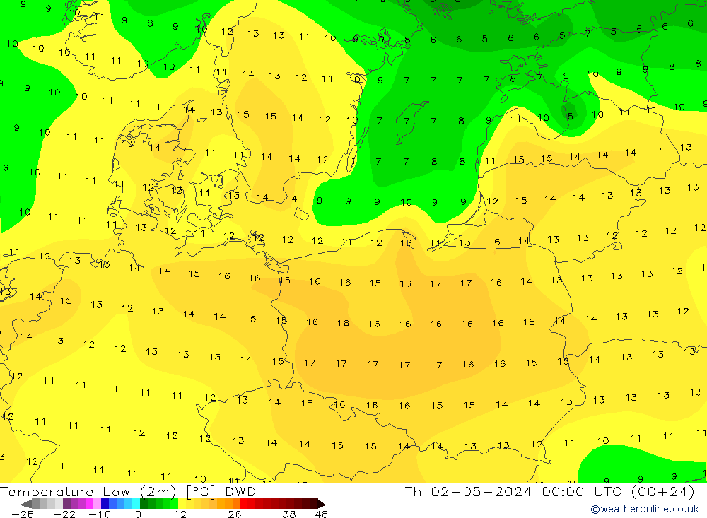 Nejnižší teplota (2m) DWD Čt 02.05.2024 00 UTC