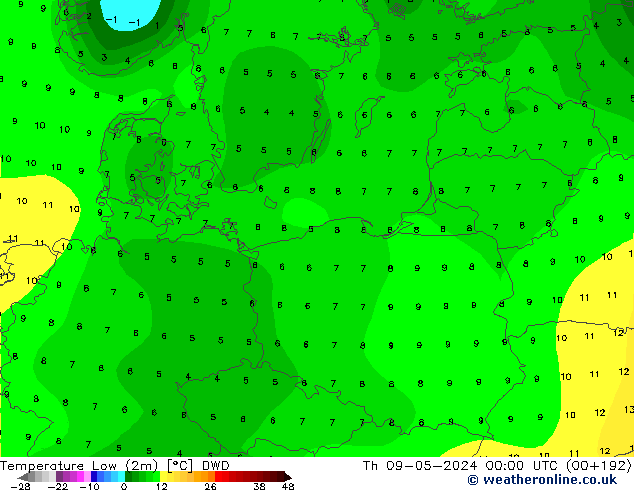 Temperature Low (2m) DWD Th 09.05.2024 00 UTC