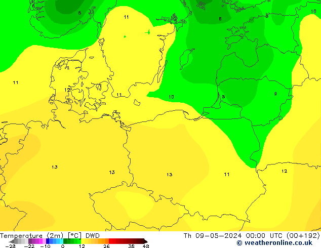 Temperature (2m) DWD Čt 09.05.2024 00 UTC