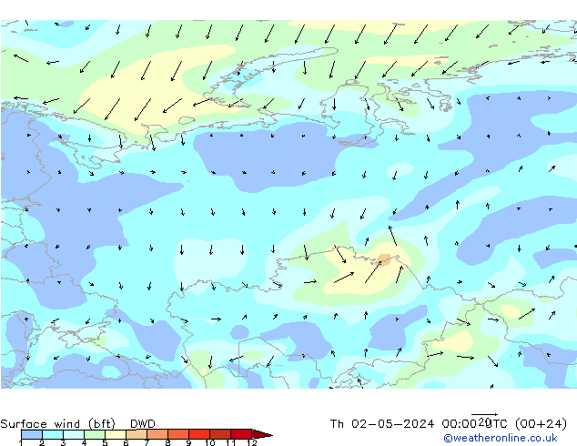 Rüzgar 10 m (bft) DWD Per 02.05.2024 00 UTC