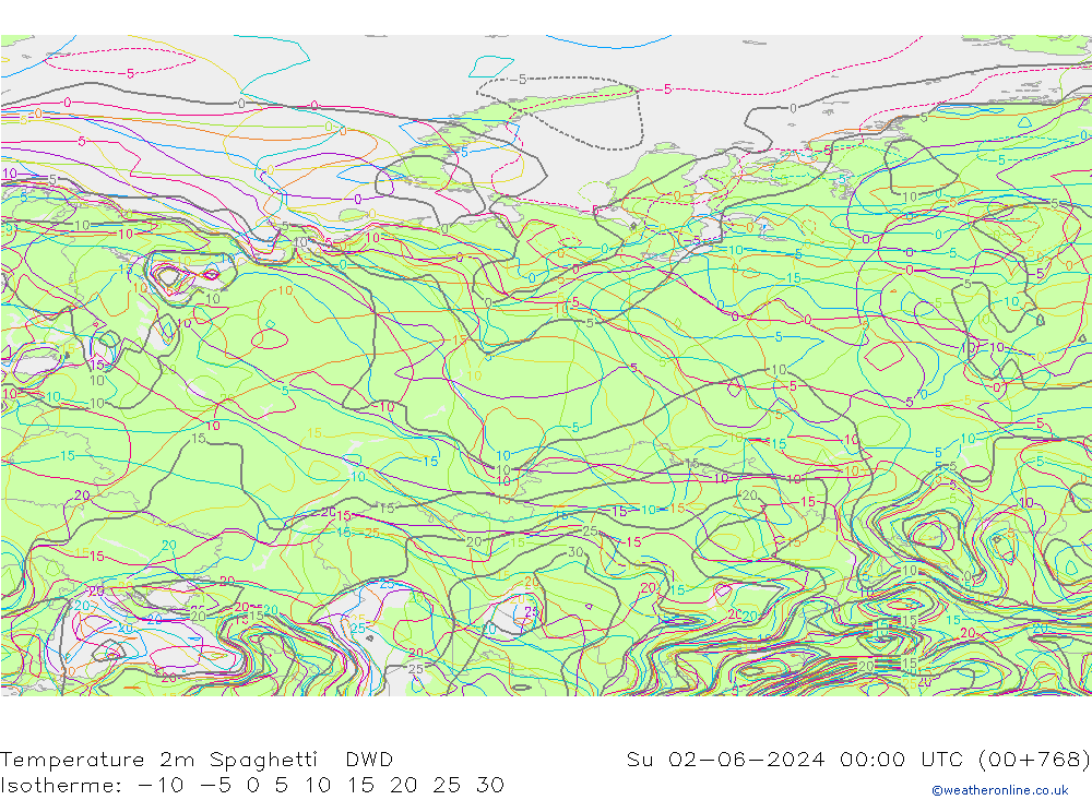 Temperature 2m Spaghetti DWD Su 02.06.2024 00 UTC