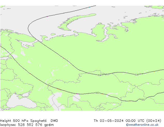 Height 500 hPa Spaghetti DWD Čt 02.05.2024 00 UTC