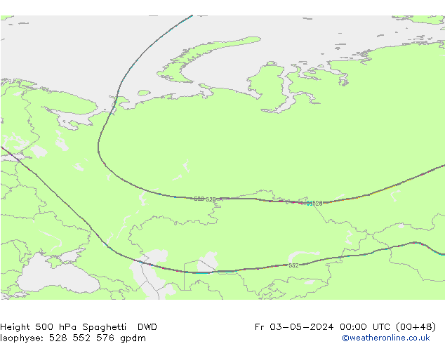 Height 500 hPa Spaghetti DWD Fr 03.05.2024 00 UTC