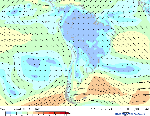 Surface wind (bft) DWD Fr 17.05.2024 00 UTC