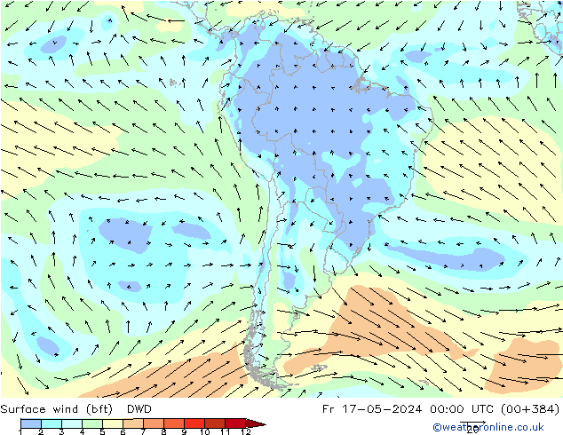 Vent 10 m (bft) DWD ven 17.05.2024 00 UTC