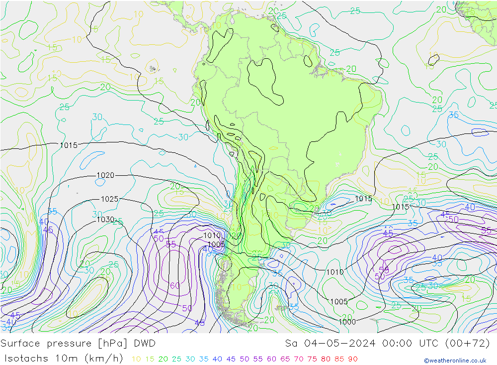 Isotachs (kph) DWD sam 04.05.2024 00 UTC