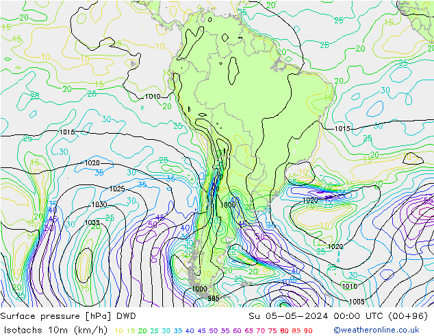 Isotachs (kph) DWD dim 05.05.2024 00 UTC