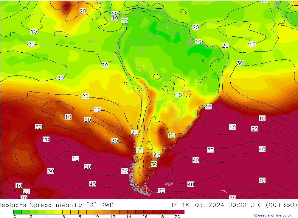 Isotachs Spread DWD Čt 16.05.2024 00 UTC