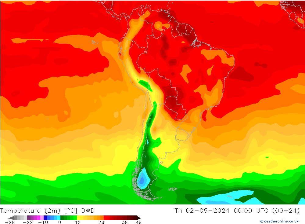 mapa temperatury (2m) DWD czw. 02.05.2024 00 UTC