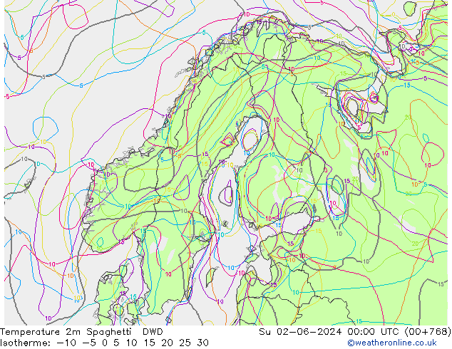 Temperatuurkaart Spaghetti DWD zo 02.06.2024 00 UTC