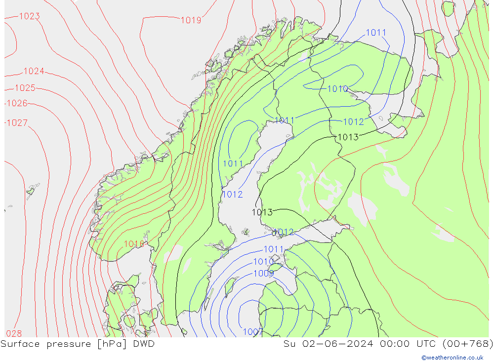 地面气压 DWD 星期日 02.06.2024 00 UTC