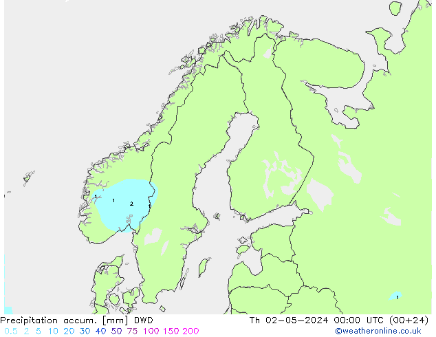 Precipitation accum. DWD чт 02.05.2024 00 UTC