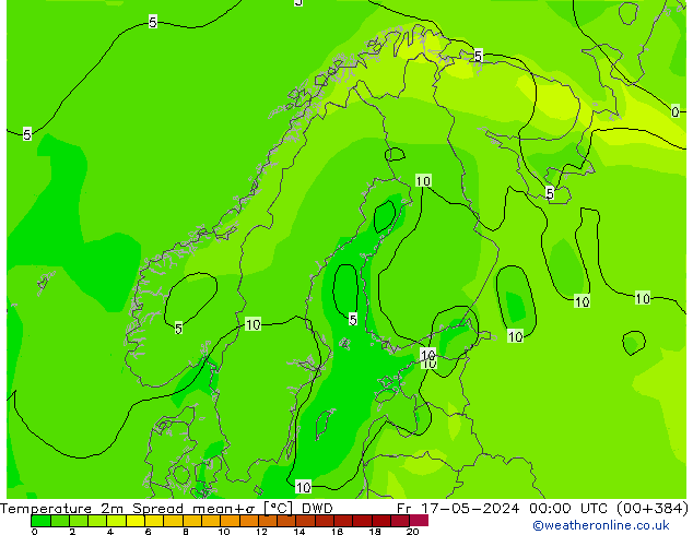 Temperatura 2m Spread DWD ven 17.05.2024 00 UTC