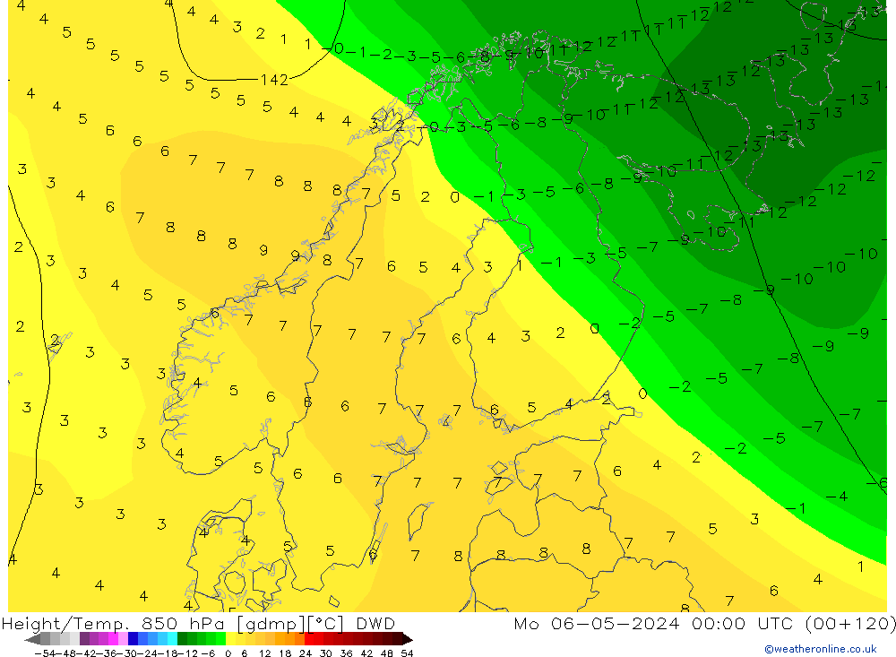 Geop./Temp. 850 hPa DWD lun 06.05.2024 00 UTC