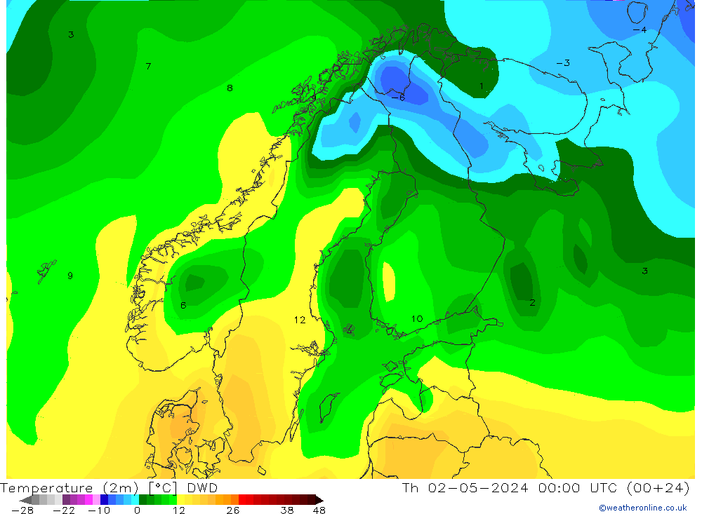 Temperature (2m) DWD Th 02.05.2024 00 UTC