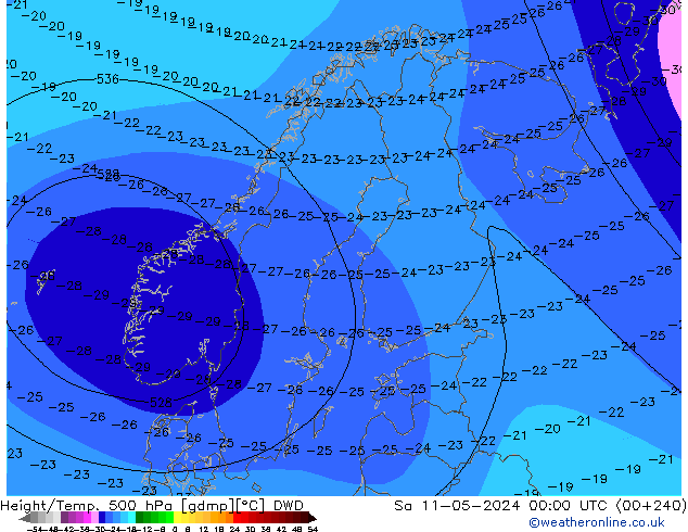 Height/Temp. 500 гПа DWD сб 11.05.2024 00 UTC