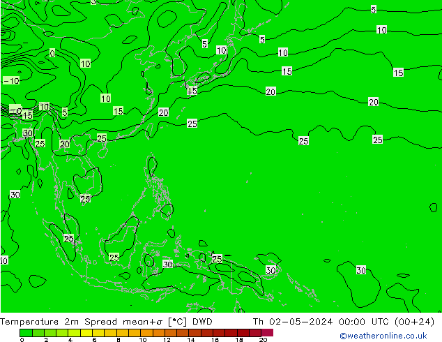 Temperatura 2m Spread DWD Qui 02.05.2024 00 UTC