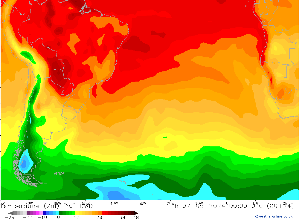 Temperatuurkaart (2m) DWD do 02.05.2024 00 UTC