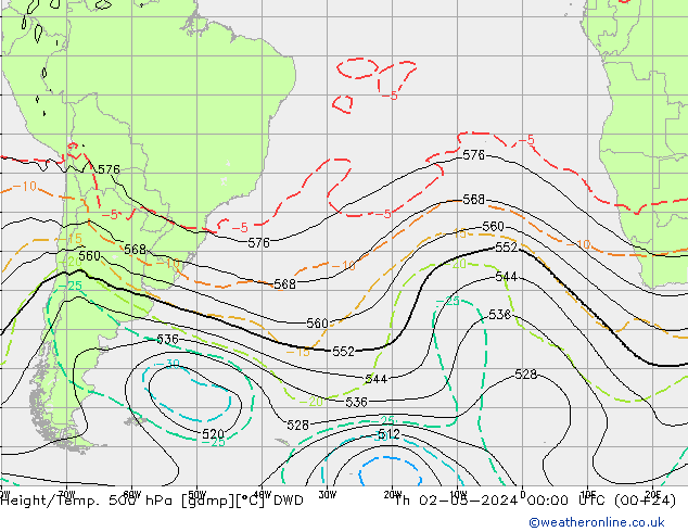 Height/Temp. 500 hPa DWD czw. 02.05.2024 00 UTC