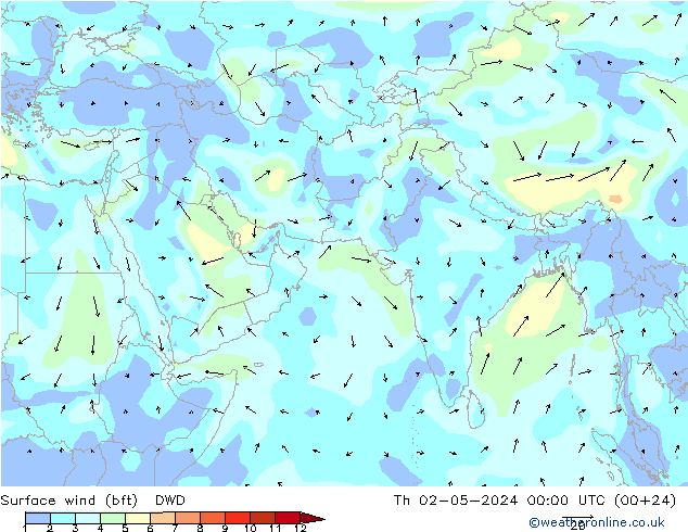 Surface wind (bft) DWD Th 02.05.2024 00 UTC
