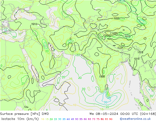 10米等风速线 (kph) DWD 星期三 08.05.2024 00 UTC