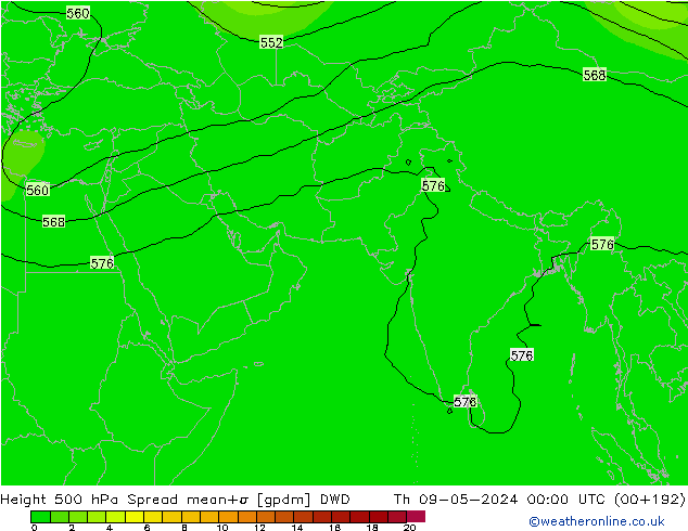 Height 500 hPa Spread DWD gio 09.05.2024 00 UTC