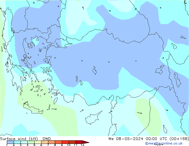 Viento 10 m (bft) DWD mié 08.05.2024 00 UTC