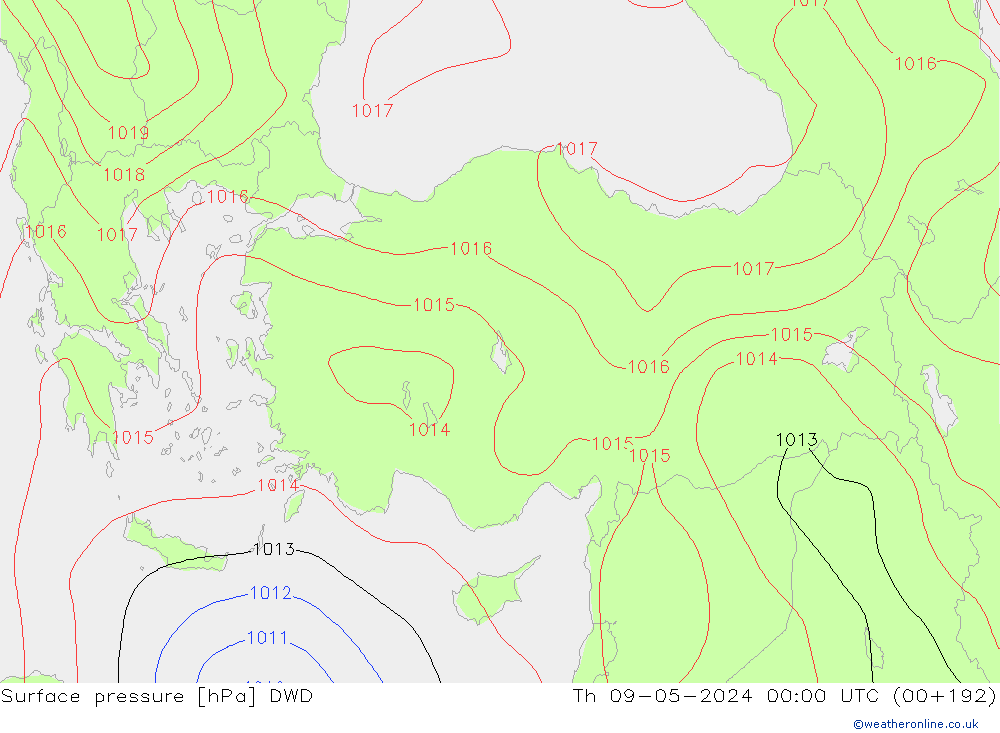 Presión superficial DWD jue 09.05.2024 00 UTC