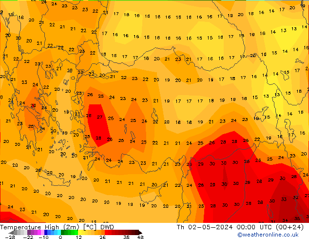 Max. Temperatura (2m) DWD czw. 02.05.2024 00 UTC