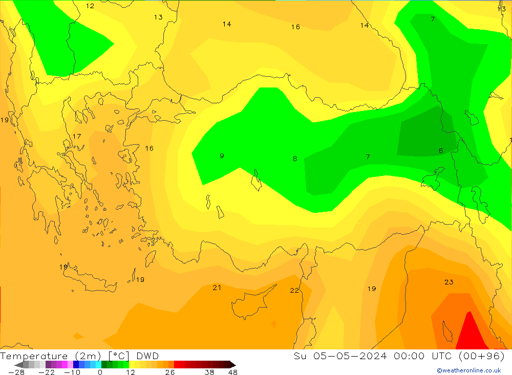 Temperatura (2m) DWD Dom 05.05.2024 00 UTC