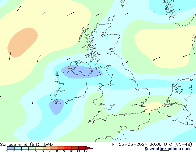 Surface wind (bft) DWD Fr 03.05.2024 00 UTC