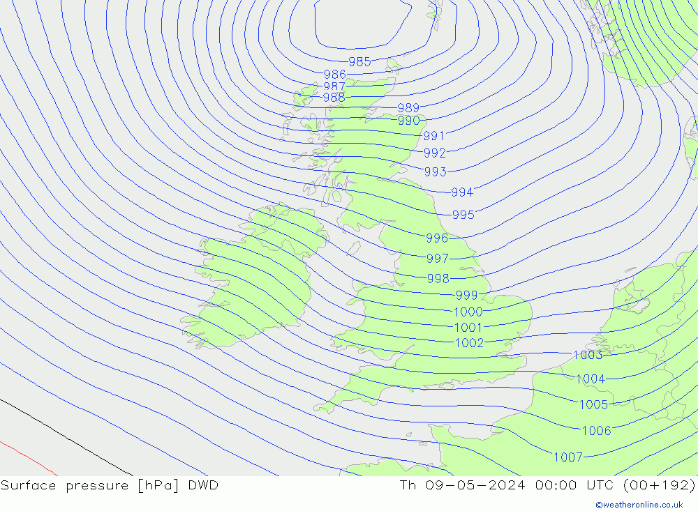 Surface pressure DWD Th 09.05.2024 00 UTC